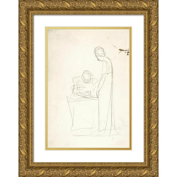 George Romney 11x14 Gold Ornate Wood Frame and Double Matted Museum Art Print Titled - Study of Two Figures; One Seated, the Other Standing (ca. 1777)