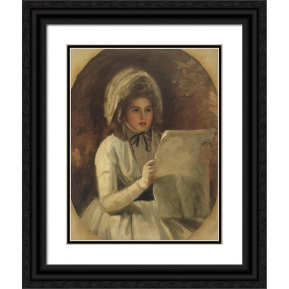 George Romney 12x14 Black Ornate Wood Framed Double Matted Museum Art Print Titled: Lady Hamilton as ‘Serena’ Reading a Newspaper