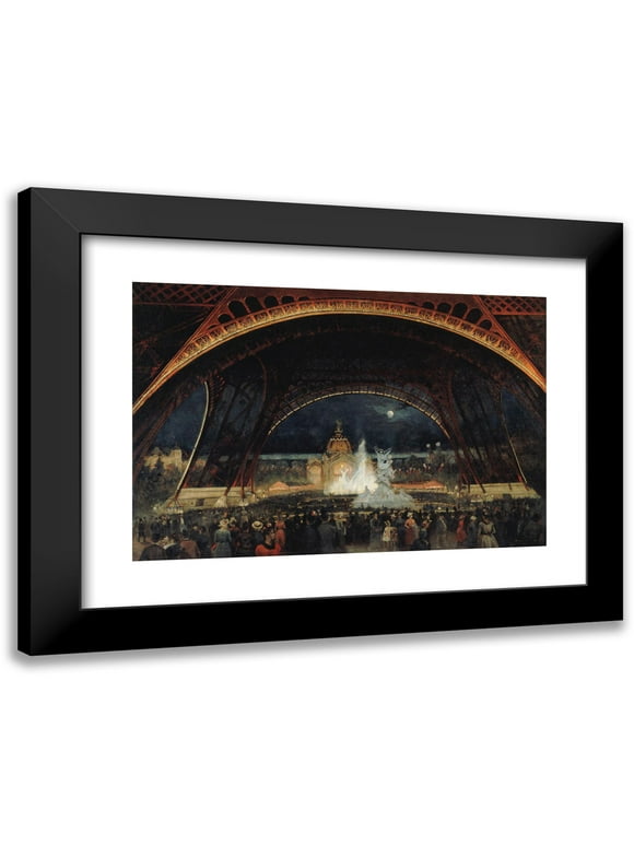 George Roux 14x11 Black Modern Framed Museum Art Print Titled - Night Feast at the 1889 Universal Exhibition, Under the Eiffel Tower (1889)