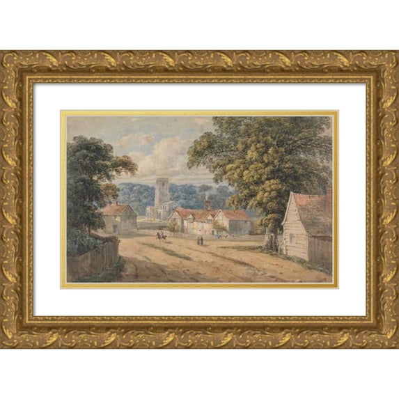 George Shepheard 24x17 Gold Ornate Framed and Double Matted Museum Art Print Titled - The Village of Aldbury, Hertfordshire (1816)