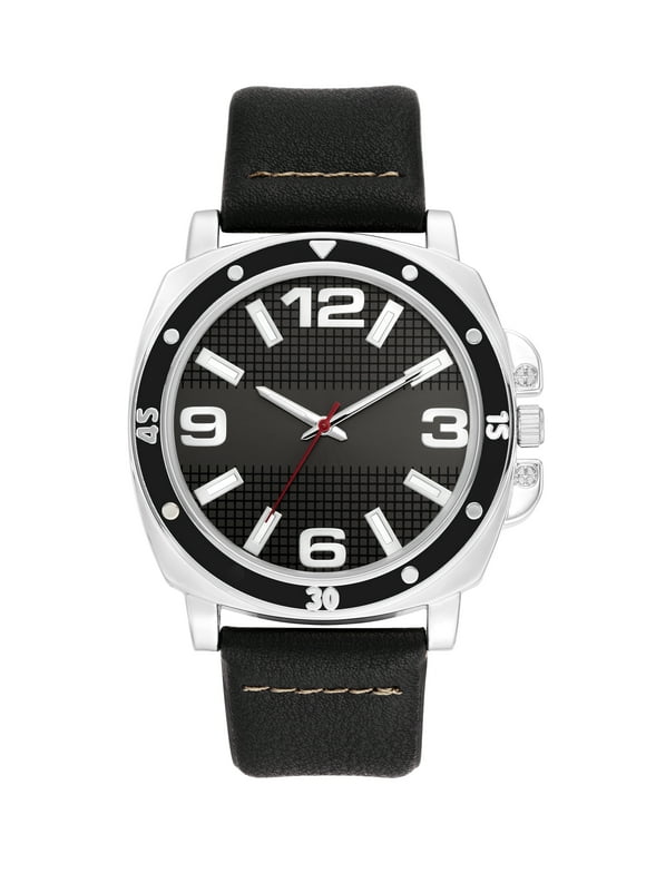 Silver Tone Case Leather Strap Men's Analog Watch