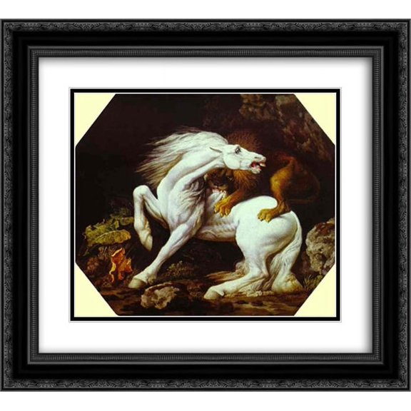 George Stubbs 2x Matted 22x20 Black Ornate Framed Art Print 'Horse Attacked by a Lion'
