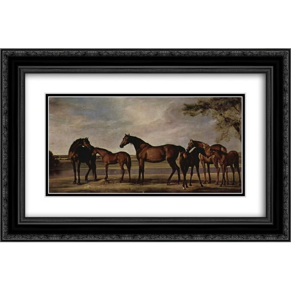 George Stubbs 2x Matted 24x16 Black Ornate Framed Art Print 'Mares and foals are anxious before a looming storm'