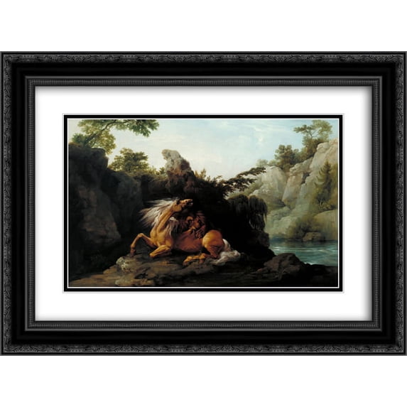 George Stubbs 2x Matted 24x20 Black Ornate Framed Art Print 'Horse Devoured by a Lion'