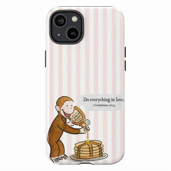 George The Monkey Christian Scripture Phone Case, Pink Stripe Pancakes Kids Cover for iPhone 17 16 15 14 13 12 11 Pro Plus Mini