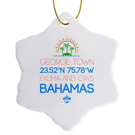 3drose, George Town, Exuma and Cays, Bahamas. Location Coordinates, 3 inch Snowflake Porcelain Ornament