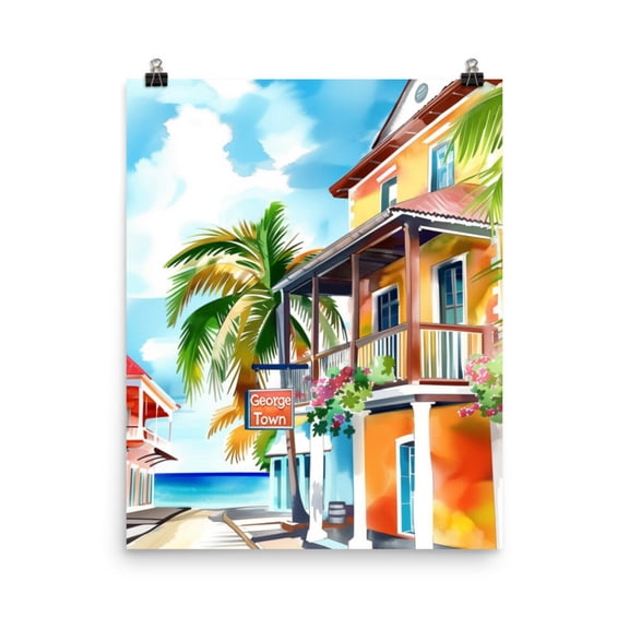 George Town Print, Grand Cayman Colorful Coastal Art, Caribbean Island Poster, Tropical Paradise Wall Decor, Exotic Seaside Art Home Decor #3638, Unframed Poster Size 8x12
