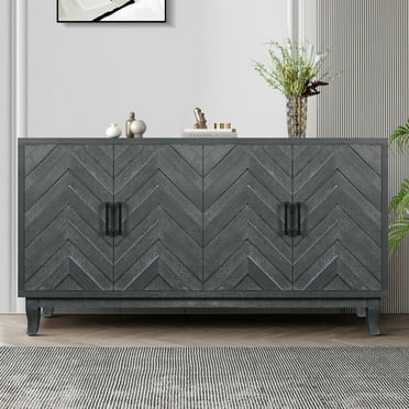 George Vintage Accent Cabinet, Storage Cabinets with 4 Doors, Adjustable Shelves, Solid Wood Legs, and Striped Design, Antique Dark Grey