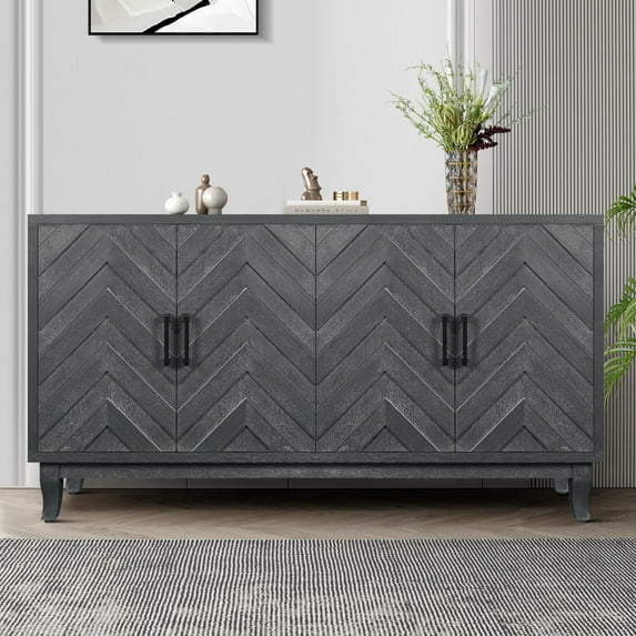 George Vintage Accent Cabinet, Storage Cabinets with 4 Doors, Adjustable Shelves, Solid Wood Legs, and Striped Design, Antique Dark Grey