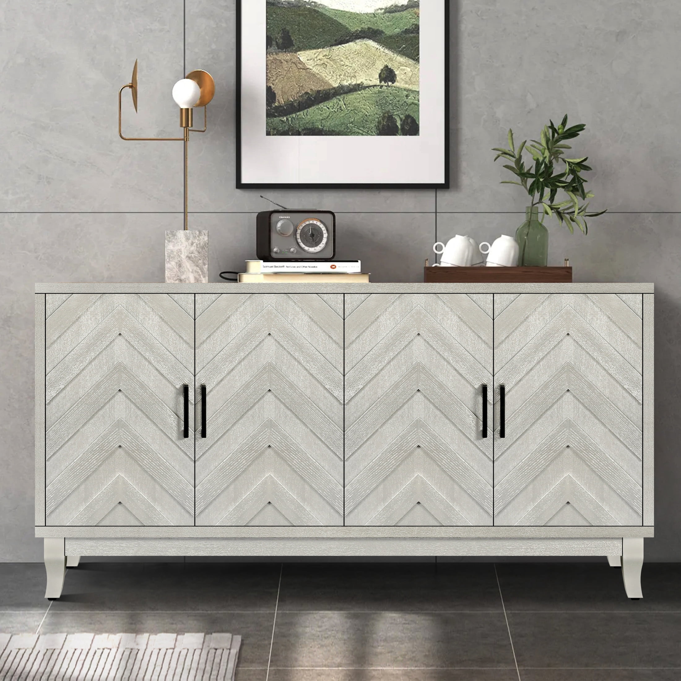 George Vintage Accent Cabinet, Storage Cabinets with 4 Doors, Adjustable Shelves, Solid Wood Legs, and Striped Design, Champagne