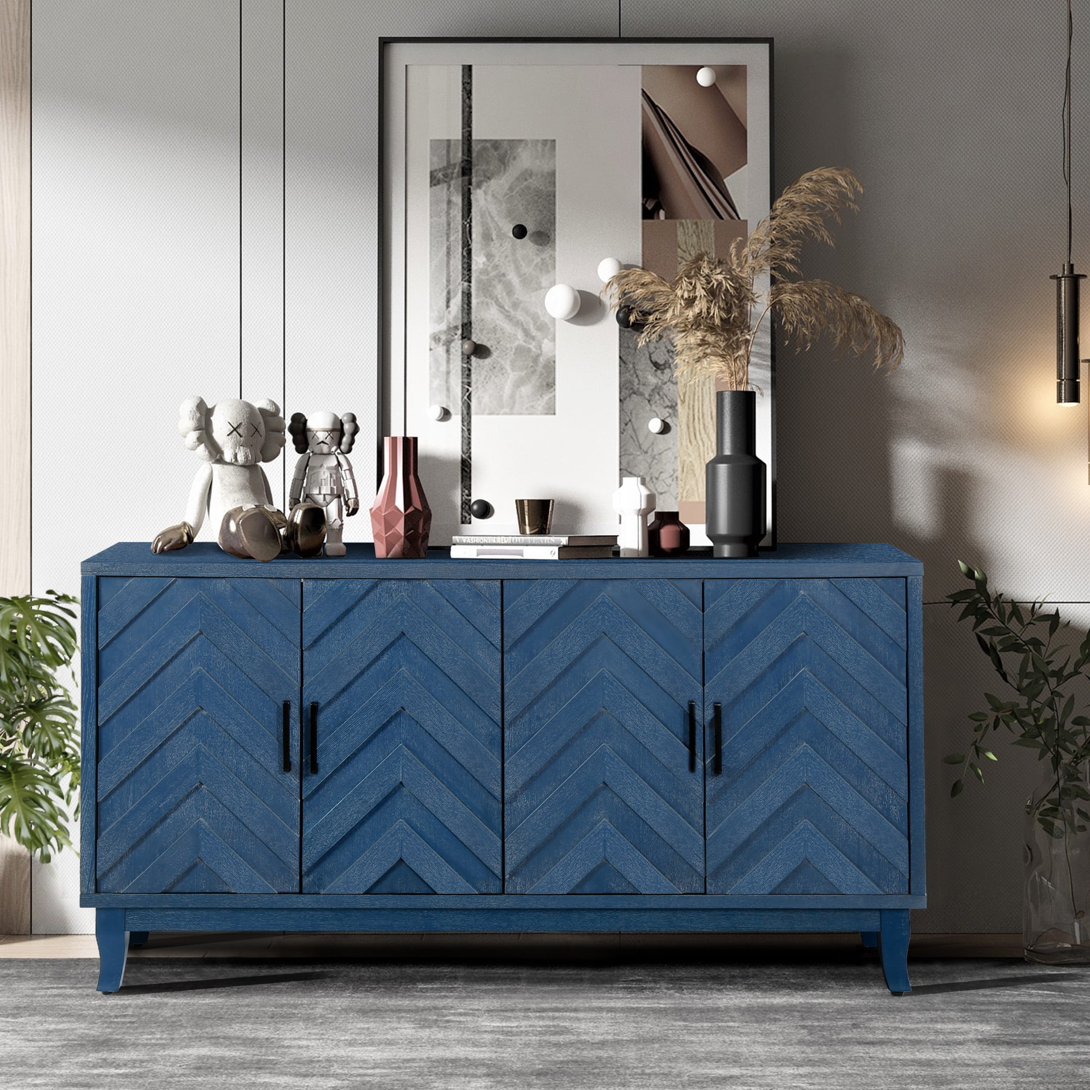 George Vintage Accent Cabinet, Storage Cabinets with 4 Doors, Adjustable Shelves, Solid Wood Legs, and Striped Design, Navy Blue