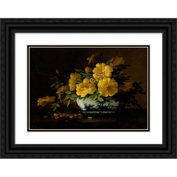George W. Seavey 24x18 Black Ornate Framed Double Matted Museum Art Print Titled: Still Life of Yellow Roses in an Oriental Vase