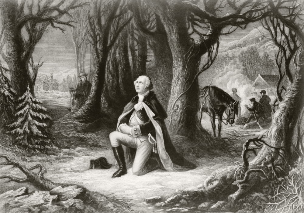 George Washington Prays At The American Revolutionary War Encampment Of Valley Forge During The Winter Of 17771778 After A Painting By Henry Brueckner Canvas Art - Ken Welsh Design Pics (34 x 24)