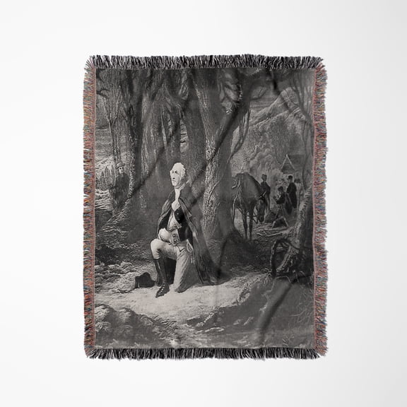 George Washington Prays At Valley Forge Black And White, Woven Blanket