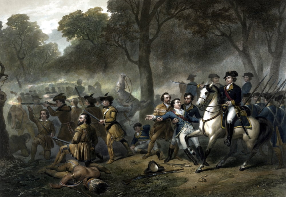 George Washington on horseback leading troops at the Battle of the Monongahela Canvas Art - John ParrotStocktrek Images (34 x 24)