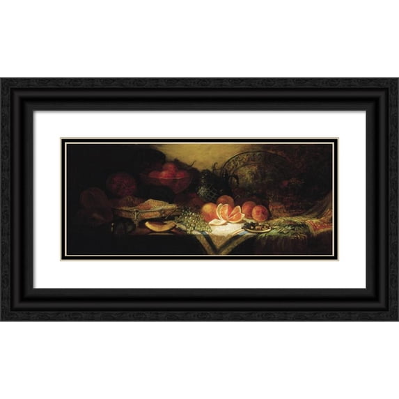 George William Whitaker 18x10 Black Ornate Wood Framed Double Matted Museum Art Print Titled - Still Life with Melon, Grapes, and Oranges (1880)