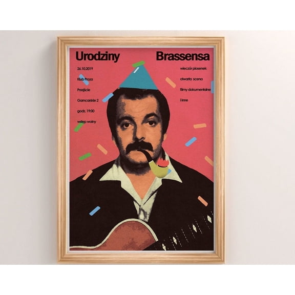 Georges Brassens, Pink Poster From A Cultural Event In Wrocław, Chanson Française, Affiche, Barde Avec Une Guitare Dans Une Casquette, 50X70 Wall Art, Modern Wall Decor, 16x24 UNFRAMED
