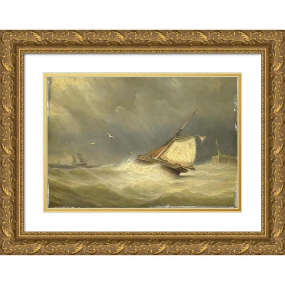 Georges Johannes Hoffmann 24x18 Gold Ornate Framed and Double Matted Museum Art Print Titled - Rough Sea with Sailing Vessels (1850 - 1859)