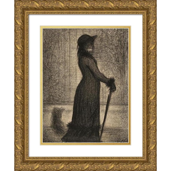 Georges Seurat 14x18 Gold Ornate Wood Frame and Double Matted Museum Art Print Titled - Woman Strolling (One Elegant) (1884)