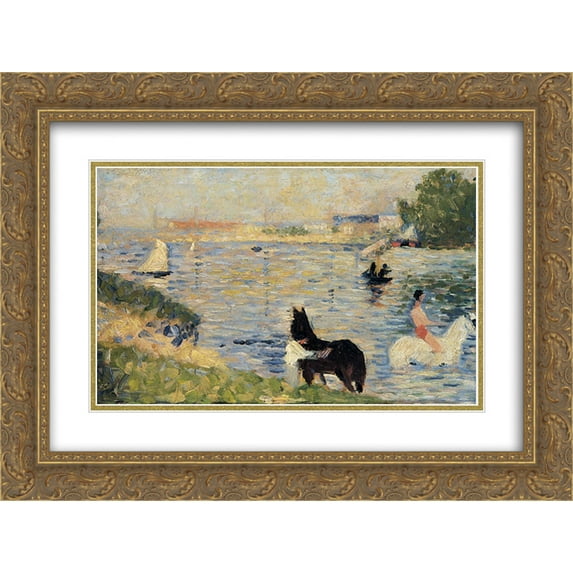 Georges Seurat 2x Matted 24x18 Gold Ornate Framed Art Print 'Horses in the Water'