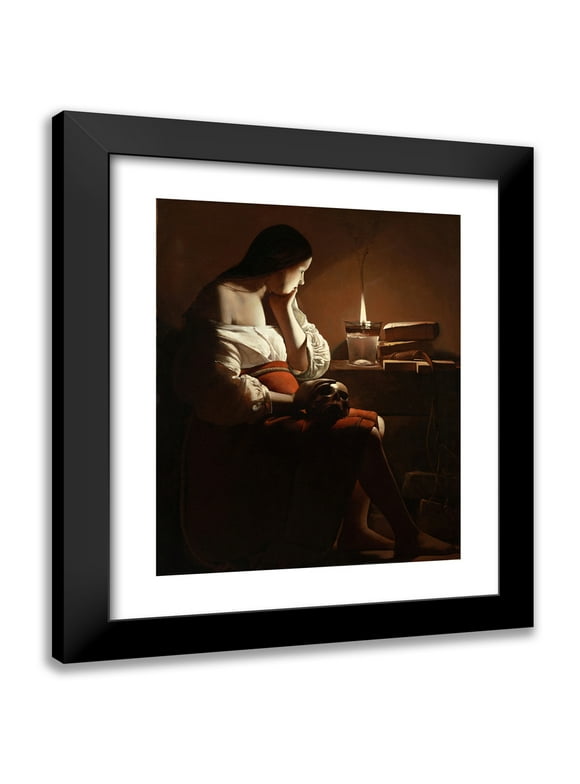 Georges de La Tour 12x14 Black Modern Framed Museum Art Print Titled - The Magdalen with the Smoking Flame (circa 1635-37)