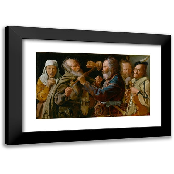 Georges de La Tour 24x16 Black Modern Framed Museum Art Print Titled - The Musicians’ Brawl (1625-1630)