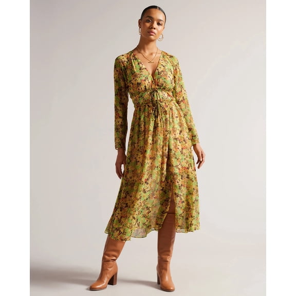 Georgette Long Sleeve V-Neck Printed Tall Casual Dress