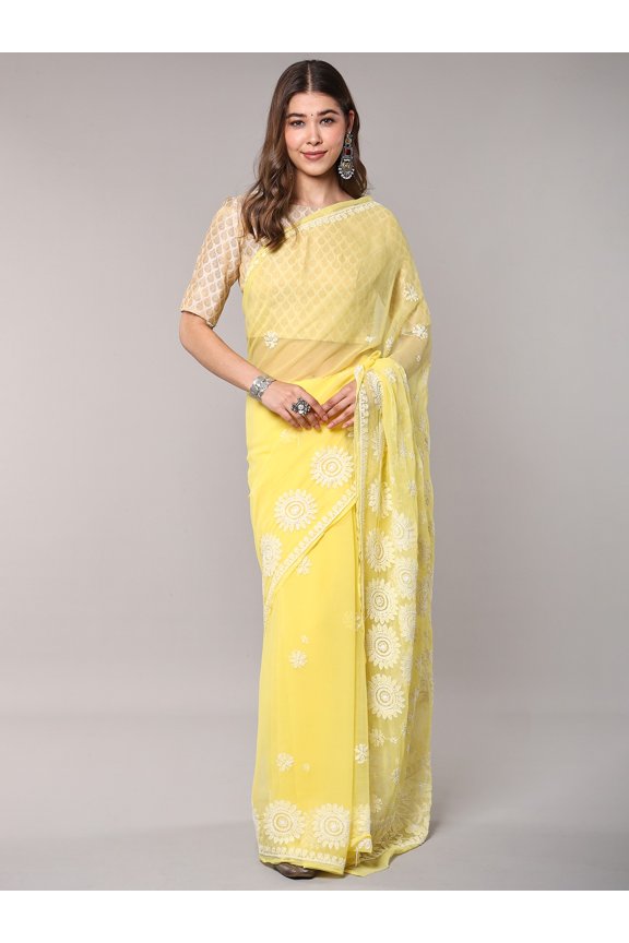 Georgette Lukhnavi Chikan Embroidered Saree with Chakra Motifs Border and Anchal – Yellow Cream