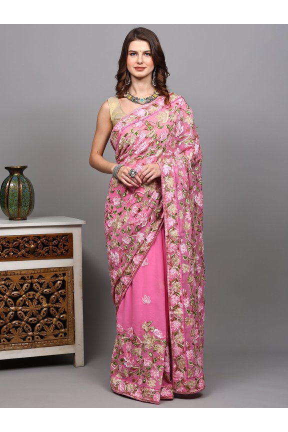 Georgette Saree from Kashmir with Aari Embroidered Maple Vines in Multicolor – Sunlit Allium