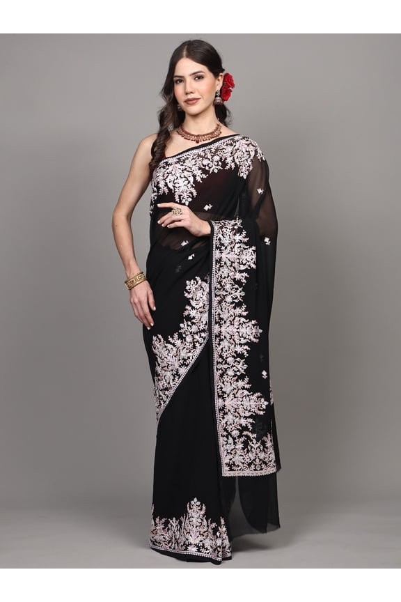 Georgette Saree with Chain Stitch Aari Embroidered Floral Border from Kashmir – Jet Black