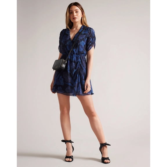 Georgette Short Sleeve BalloonÂ Sleeve V-Neck Printed Short Casual Dress