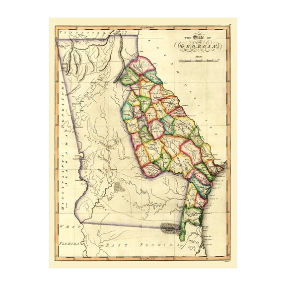 Georgia Art, 1810 Vintage Map of Georgia History Wall Decor Gift, Old Georgia Map - 18" x 24" Unframed Print