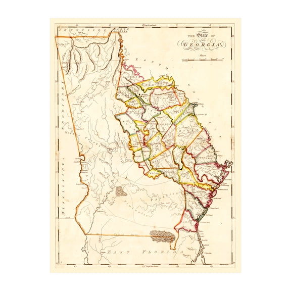 Georgia Art, 1818 Vintage Map of Georgia History Wall Decor Gift, Old Georgia Map - 18" x 24" Unframed Print