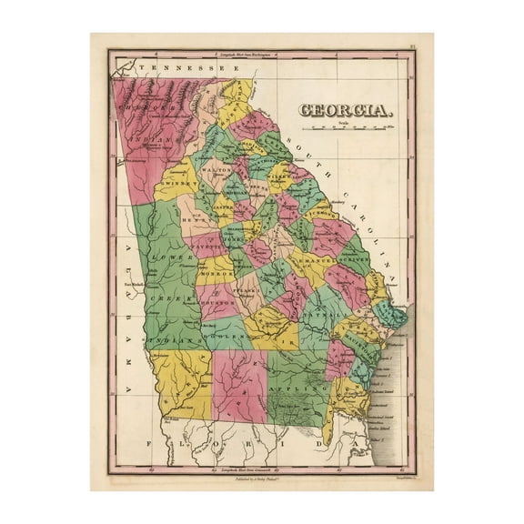 Georgia Art, 1824 Vintage Map of Georgia History Wall Decor Gift, Old Georgia Map - 18" x 24" Unframed Print