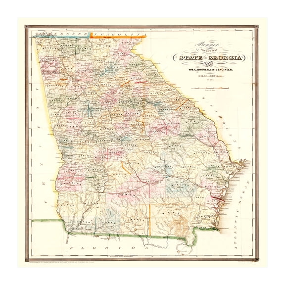 Georgia Art, 1848 Vintage Map of Georgia History Wall Decor Gift, Old Georgia Map - 24" x 24" Unframed Print
