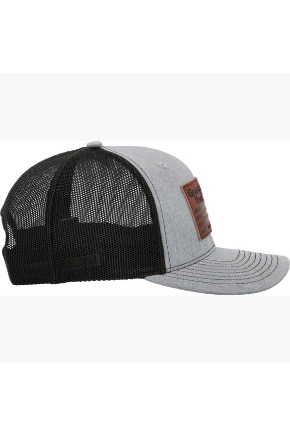 Unisex Grey Leather Patch Trucker Hat