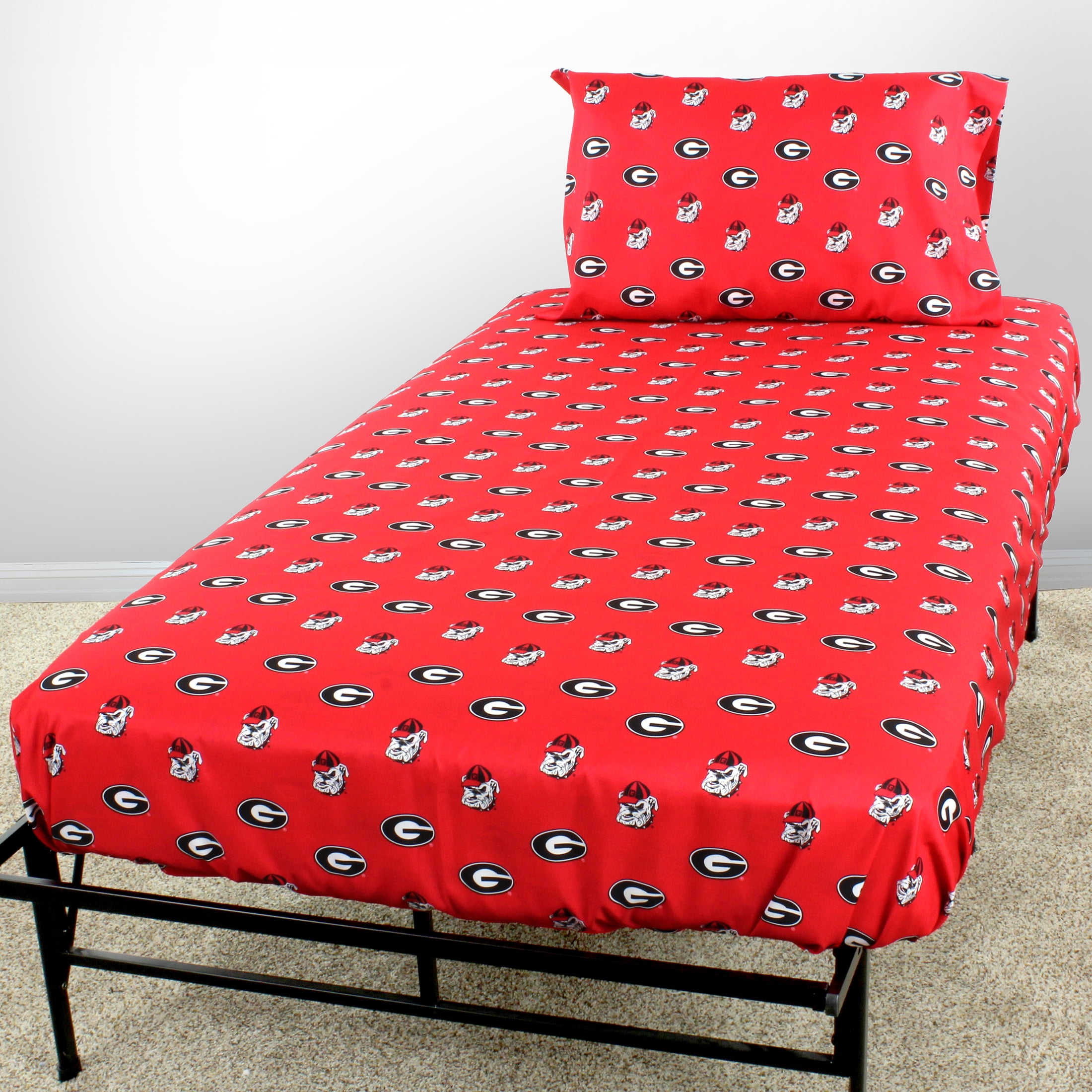 Georgia Bulldogs 100% cotton, 4 piece sheet set - flat sheet, fitted sheet, 2 pillow cases, Full, Team Colors
