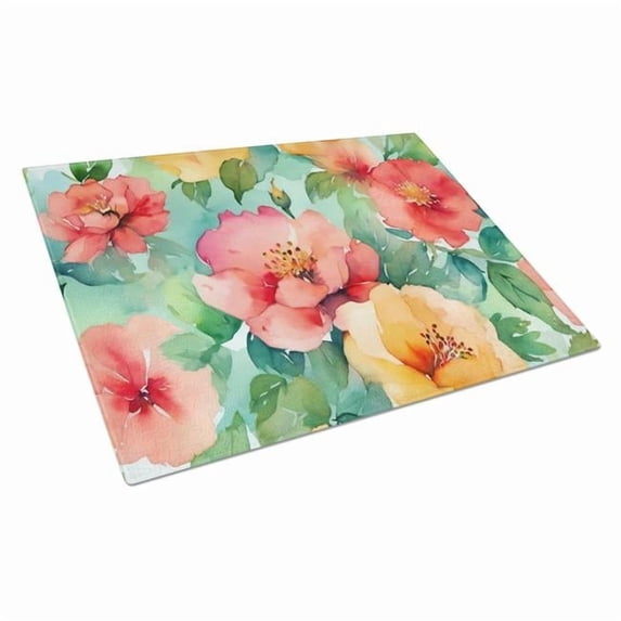 Georgia Cherokee Rose in Watercolor Glass Cutting Board Large 12 in x 15 in