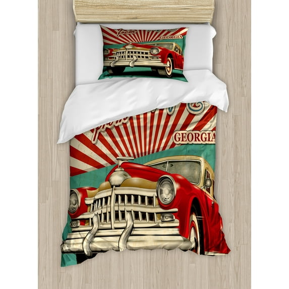 Georgia Duvet Cover Set, Grunge Composition of Lettering Retro Car and Sunburst, Decorative 2 Piece Bedding Set with 1 Pillow Shams, Twin Size, Paprika Jade Green, by Ambesonne