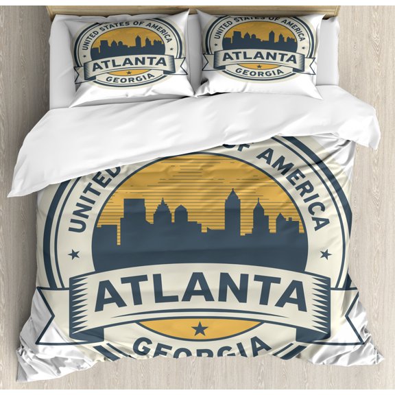 Georgia Duvet Cover Set King Size, Emblem Inspired Lettering United States of America Atlanta, Decorative 3 Piece Bedding Set with 2 Pillow Shams, Slate Blue Eggshell and Sand Brown, by Ambesonne