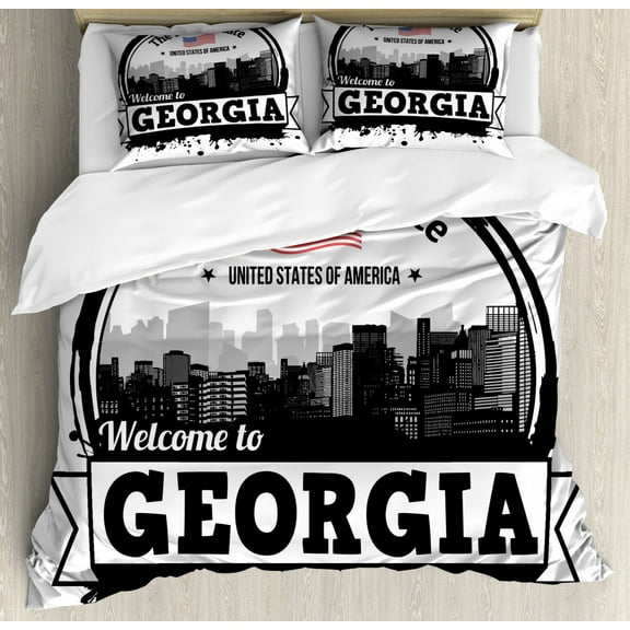 Georgia Duvet Cover Set King Size, Vintage Welcoming Design with Text the Peach State, Decorative 3 Piece Bedding Set with 2 Pillow Shams, Charcoal Grey Dark Coral White Violet Blue, by Ambesonne