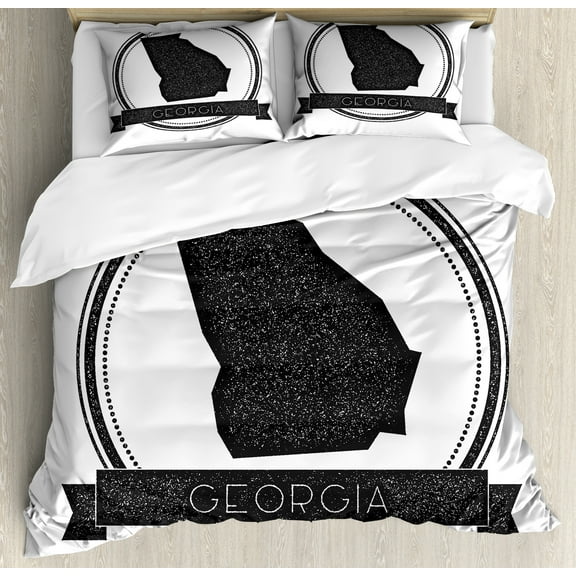 Georgia Duvet Cover Set, Monochrome Round Composition of Map and Typography with Dots Framing, Decorative 3 Piece Bedding Set with 2 Pillow Shams, Calking Size, Dark Taupe and White, by Ambesonne