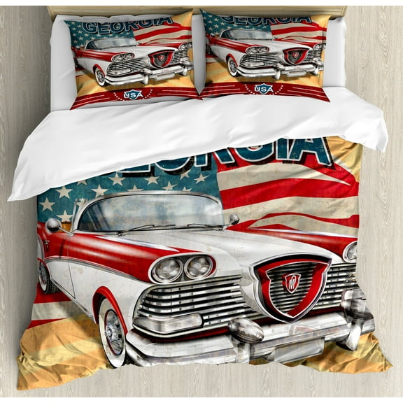 Georgia Duvet Cover Set, Touristic Greeting Pattern with the State Flag and a Classic Car, Decorative 3 Piece Bedding Set with 2 Pillow Shams, Queen Size, Slate Blue Multicolor, by Ambesonne