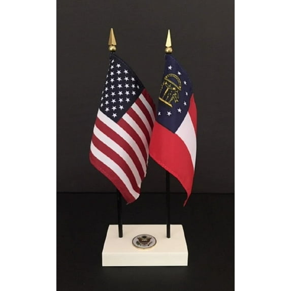Georgia Executive Desk Set; Two 4x6 Inch Flags, White Base with US Seal