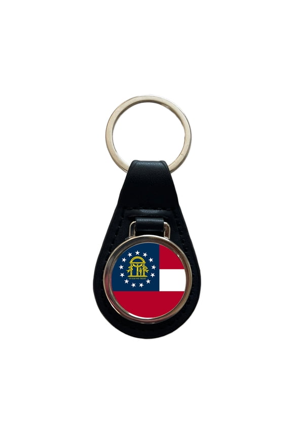 Georgia GA State Flag Metal Black Leather Keychain