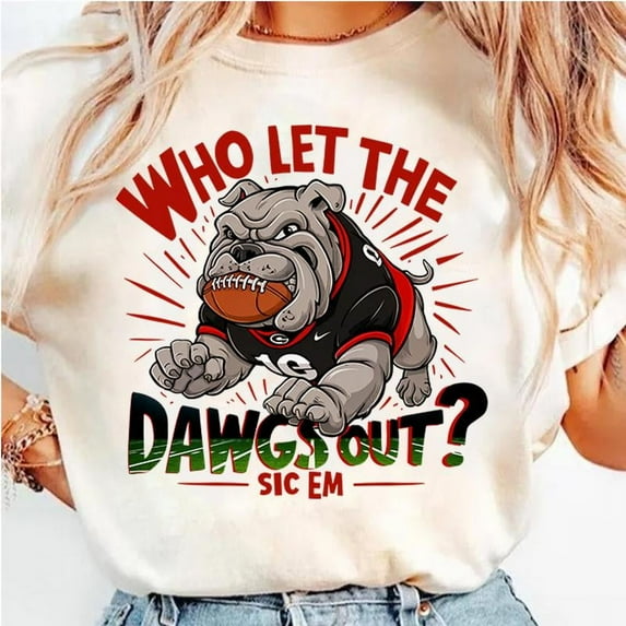 Georgia Game Day . Football Bulldog . Merchandise Football Fan. Gift Bulldog Mascot . Georgia Game Day. Who Let The Dawgs Out Sic Em Unisex Comfort Tee T Shirt, Color: Sand, Size: M