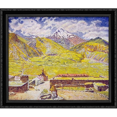 Georgia. Kazbek (day). Georgian Military Road. Mountain and village 32x28 Large Black Ornate Wood Framed Canvas Art by Ilya Mashkov