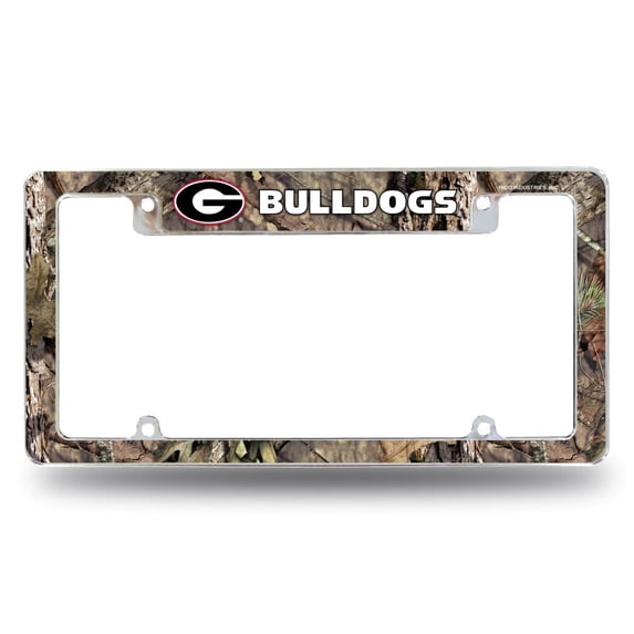 Georgia NCAA Bulldogs Chrome Metal License Plate Frame with Bold Mossy Oak Camouflaged Camo Design