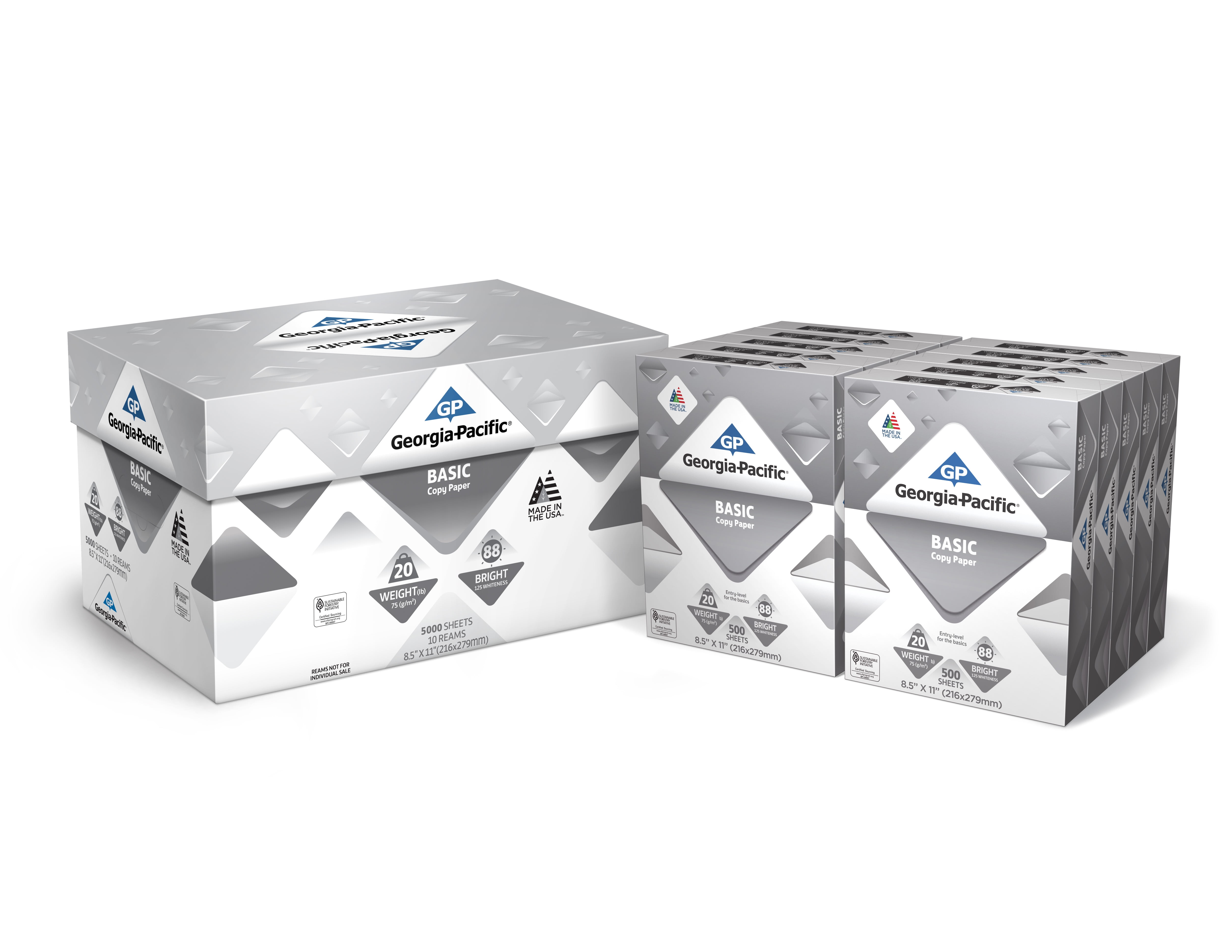 Georgia Pacific Basic Paper 8.5" x 11", 20lb/88 Bright, 5000 Sheets