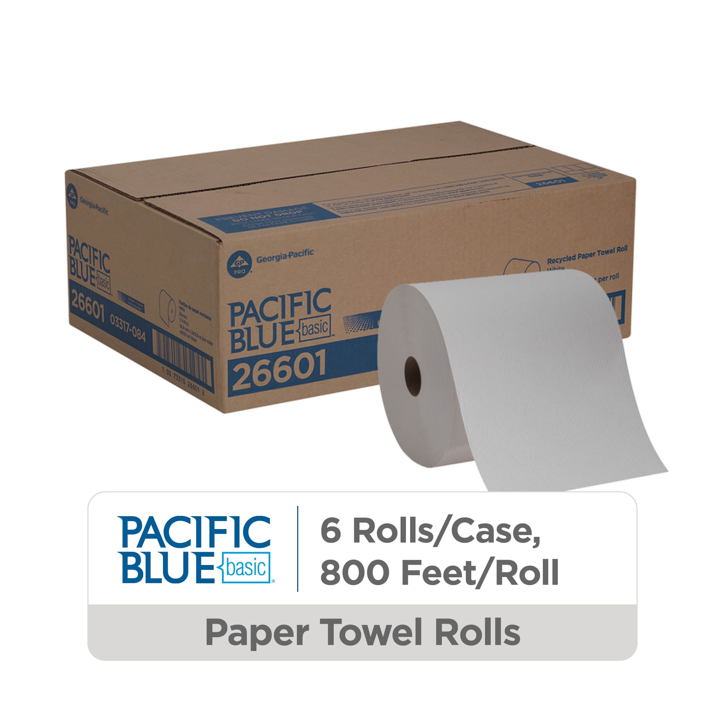 GEORGIA PACIFIC PROFESSIONAL Pacific Blue Basic Recycled Paper Towel Roll by GP PRO (Georgia-Pacific), White, 26601, 800 Feet Per Roll, 6 Rolls Per Case